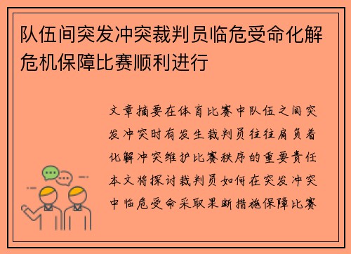 队伍间突发冲突裁判员临危受命化解危机保障比赛顺利进行