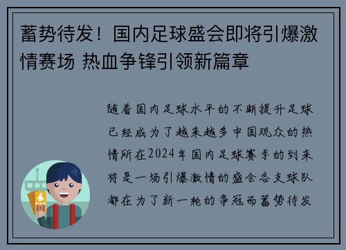 蓄势待发！国内足球盛会即将引爆激情赛场 热血争锋引领新篇章