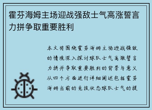 霍芬海姆主场迎战强敌士气高涨誓言力拼争取重要胜利