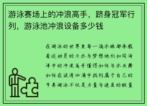 游泳赛场上的冲浪高手，跻身冠军行列，游泳池冲浪设备多少钱